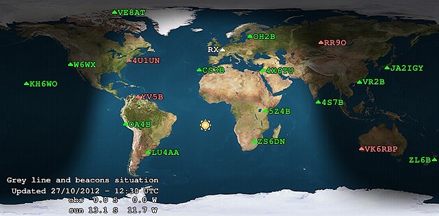 Carte des emplacements et indicatifs des balises 10m du réseau NCDXF/IARU.